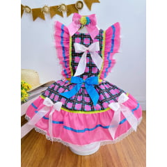 Vestido Infantil Junino Rosa Chiclete Xadrez Colorido Festas