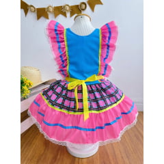 Vestido Infantil Junino Rosa Chiclete Xadrez Colorido Festas