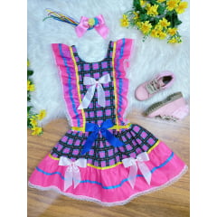 Vestido Infantil Junino Rosa Chiclete Xadrez Colorido Festas