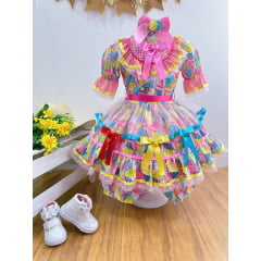 Vestido Infantil Junino Rosa Com Estampa Colorida Festas