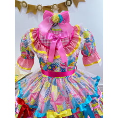 Vestido Infantil Junino Rosa Com Estampa Colorida Festas