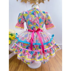 Vestido Infantil Junino Rosa Com Estampa Colorida Festas