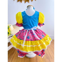 Vestido Infantil Junino Rosa e Amarelo Com Flores Coloridas