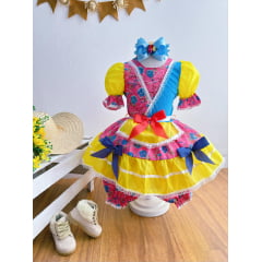 Vestido Infantil Junino Rosa e Amarelo Com Flores Coloridas