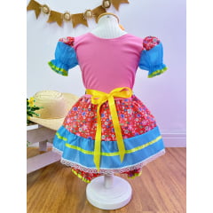 Vestido Infantil Junino Rosa e Azul Com Florzinhas Coloridas
