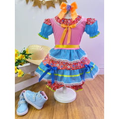 Vestido Infantil Junino Rosa e Azul Com Florzinhas Coloridas