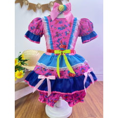 Fantasia Infantil Junino Rosa e Azul Florzinhas Coloridas
