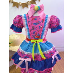 Fantasia Infantil Junino Rosa e Azul Florzinhas Coloridas