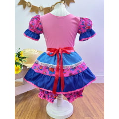 Fantasia Infantil Junino Rosa e Azul Florzinhas Coloridas