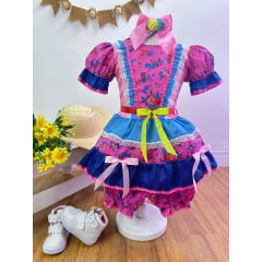 Fantasia Infantil Junino Rosa e Azul Florzinhas Coloridas