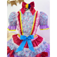 Fantasia Infantil Junino Rosa e Lilás Flores Coloridas