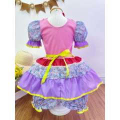 Fantasia Infantil Junino Rosa e Lilás Flores Coloridas