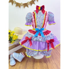 Fantasia Infantil Junino Rosa e Lilás Flores Coloridas