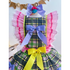 Vestido Infantil Junino Rosa Xadrez Colorido Festas