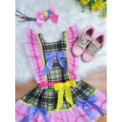 Vestido Infantil Junino Rosa Xadrez Colorido Festas