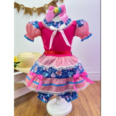 Fantasia Infantil Junino Salmão e Pink Florzinhas Coloridas