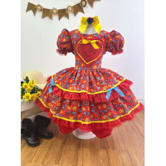 Fantasia Infantil Junino Vermelho Coração Colorido Florzinhas