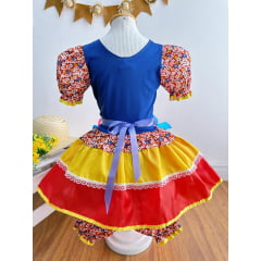 Fantasia Infantil Junino Vermelho e Azul Com Flores Coloridas