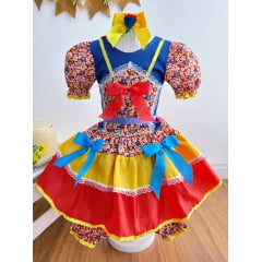 Fantasia Infantil Junino Vermelho e Azul Com Flores Coloridas
