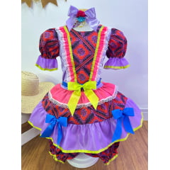 Vestido Infantil Junino Vermelho e Lilás Flores Coloridas