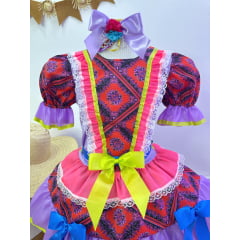 Vestido Infantil Junino Vermelho e Lilás Flores Coloridas