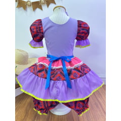 Vestido Infantil Junino Vermelho e Lilás Flores Coloridas