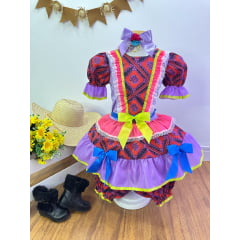 Vestido Infantil Junino Vermelho e Lilás Flores Coloridas