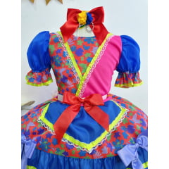 Vestido Infantil Junino Vermelho e Rosa Com Flores Coloridas