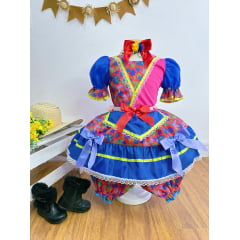 Vestido Infantil Junino Vermelho e Rosa Com Flores Coloridas