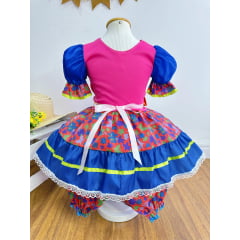 Vestido Infantil Junino Vermelho e Rosa Com Flores Coloridas