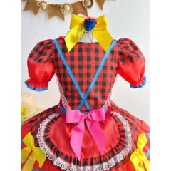 Fantasia Infantil Junino Vermelho e Xadrez Preto Colorido