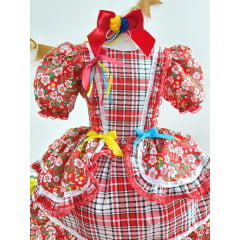 Fantasia Infantil Junino Vermelho Xadrez Colorido Florzinhas