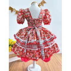 Fantasia Infantil Junino Vermelho Xadrez Colorido Florzinhas