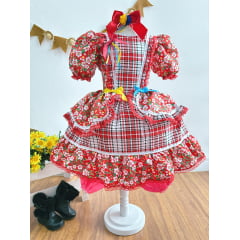 Fantasia Infantil Junino Vermelho Xadrez Colorido Florzinhas