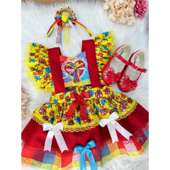 Romper Junino Amarelo Colorido Com Laço de Chapéuzinho