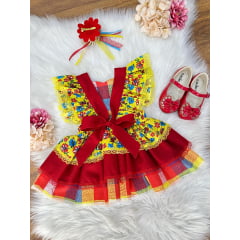 Romper Junino Amarelo Colorido Com Laço de Chapéuzinho