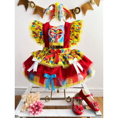 Romper Junino Amarelo Colorido Com Laço de Chapéuzinho