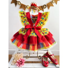 Romper Junino Amarelo Colorido Com Laço de Chapéuzinho