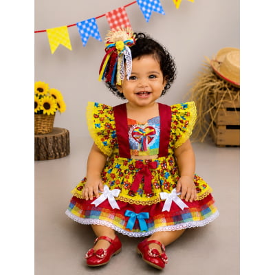 Romper Junino Amarelo Colorido Com Laço de Chapéuzinho