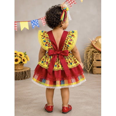 Romper Junino Amarelo Colorido Com Laço de Chapéuzinho