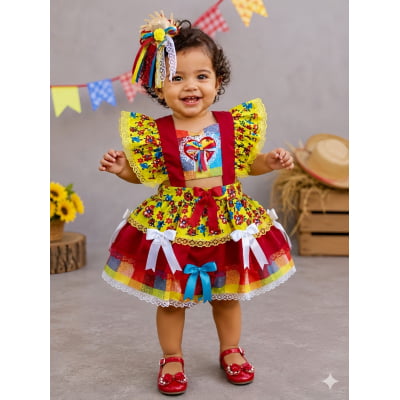 Romper Junino Amarelo Colorido Com Laço de Chapéuzinho