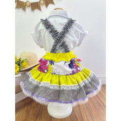 Saia Jardineira Salopete Junino Amarelo Colorida Xadrez