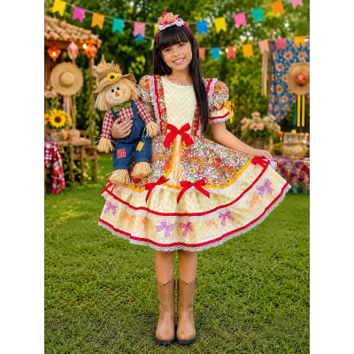 Vestido Caipira Infantil Luxo para Festa Junina com Renda e Laços