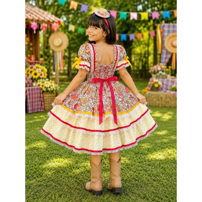 Vestido Caipira Infantil Luxo para Festa Junina com Renda e Laços