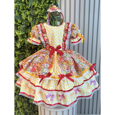 Vestido Caipira Infantil Luxo para Festa Junina com Renda e Laços