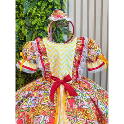 Vestido Caipira Infantil Luxo para Festa Junina com Renda e Laços