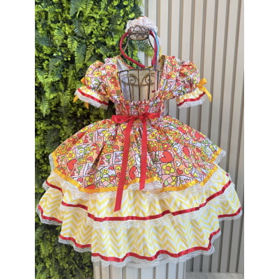 Vestido Caipira Infantil Luxo para Festa Junina com Renda e Laços