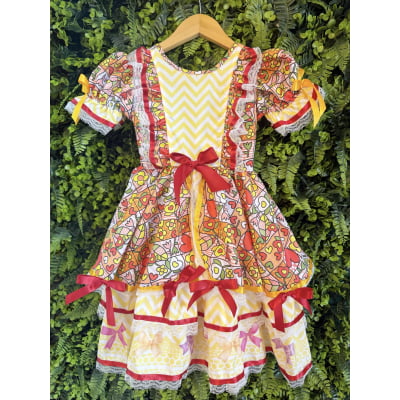Vestido Caipira Infantil Luxo para Festa Junina com Renda e Laços