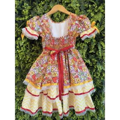 Vestido Caipira Infantil Luxo para Festa Junina com Renda e Laços