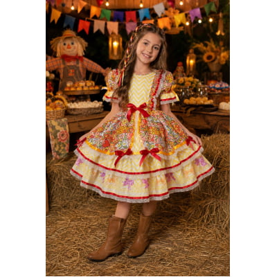 Vestido Caipira Infantil Luxo para Festa Junina com Renda e Laços Vestido Caipira Infantil Luxo para Festa Junina com Renda e Laços